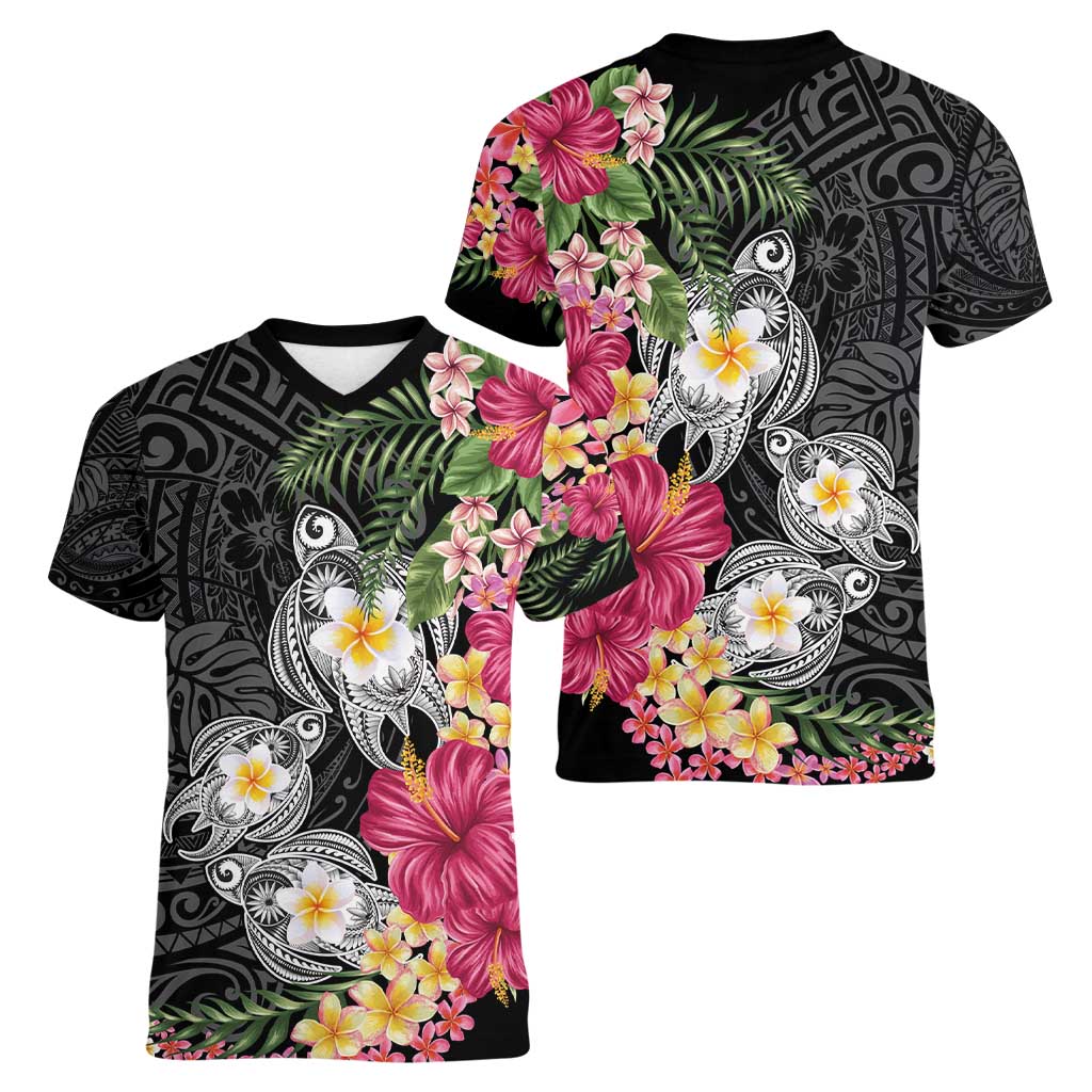 Hawaiian Tropical Flowers and Tribal Turtles Women V-Neck T-Shirt Polynesian Art Motifs Black Color - Polynesian Pride