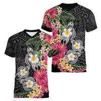 Hawaiian Tropical Flowers and Tribal Turtles Women V-Neck T-Shirt Polynesian Art Motifs Black Color - Polynesian Pride