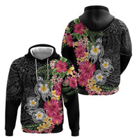 Hawaiian Tropical Flowers and Tribal Turtles Zip Hoodie Polynesian Art Motifs Black Color - Polynesian Pride