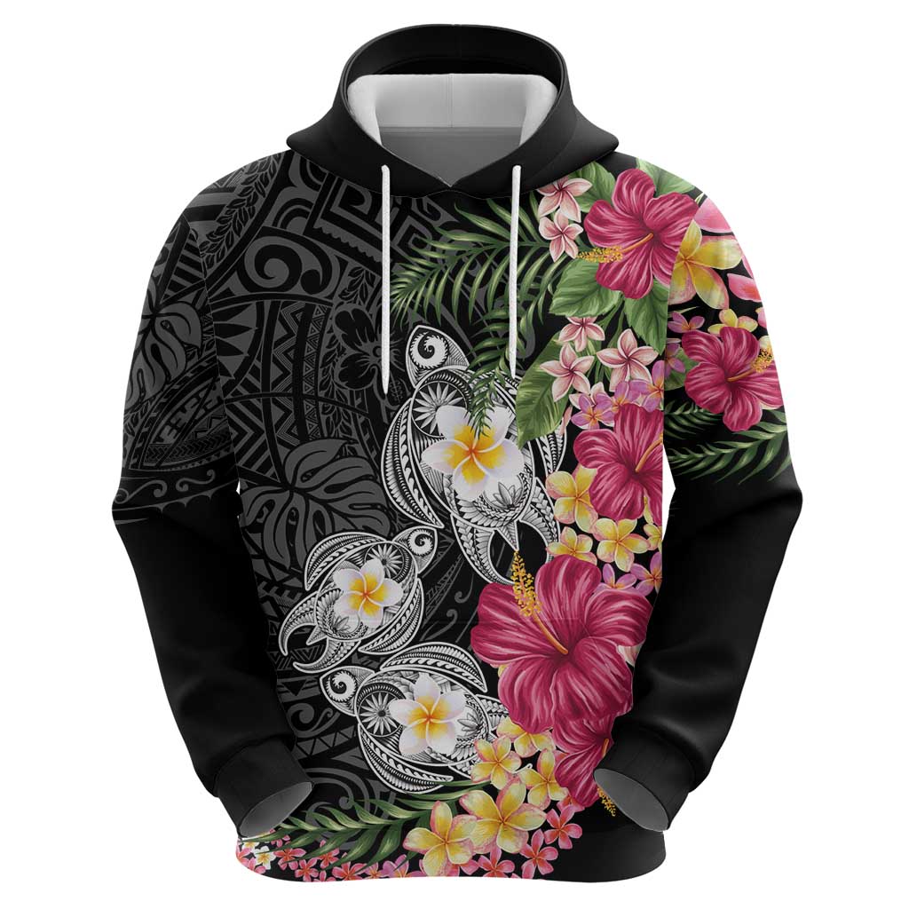 Hawaiian Tropical Flowers and Tribal Turtles Zip Hoodie Polynesian Art Motifs Black Color - Polynesian Pride