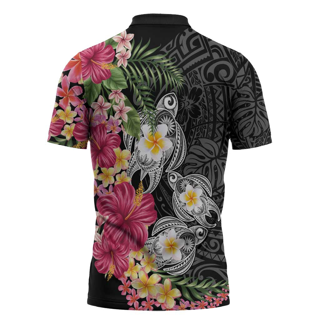 Hawaiian Tropical Flowers and Tribal Turtles Zipper Polo Shirt Polynesian Art Motifs Black Color - Polynesian Pride