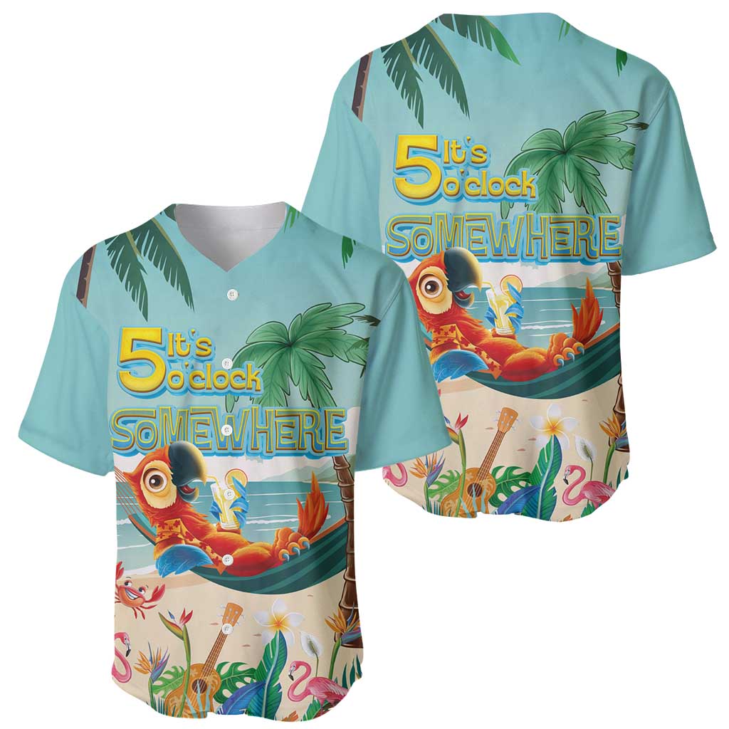 Aloha Hawaii It's 5 o'clock Somewhere Baseball Jersey Chill Parrot on Beach with Tropical Plants - Polynesian Pride