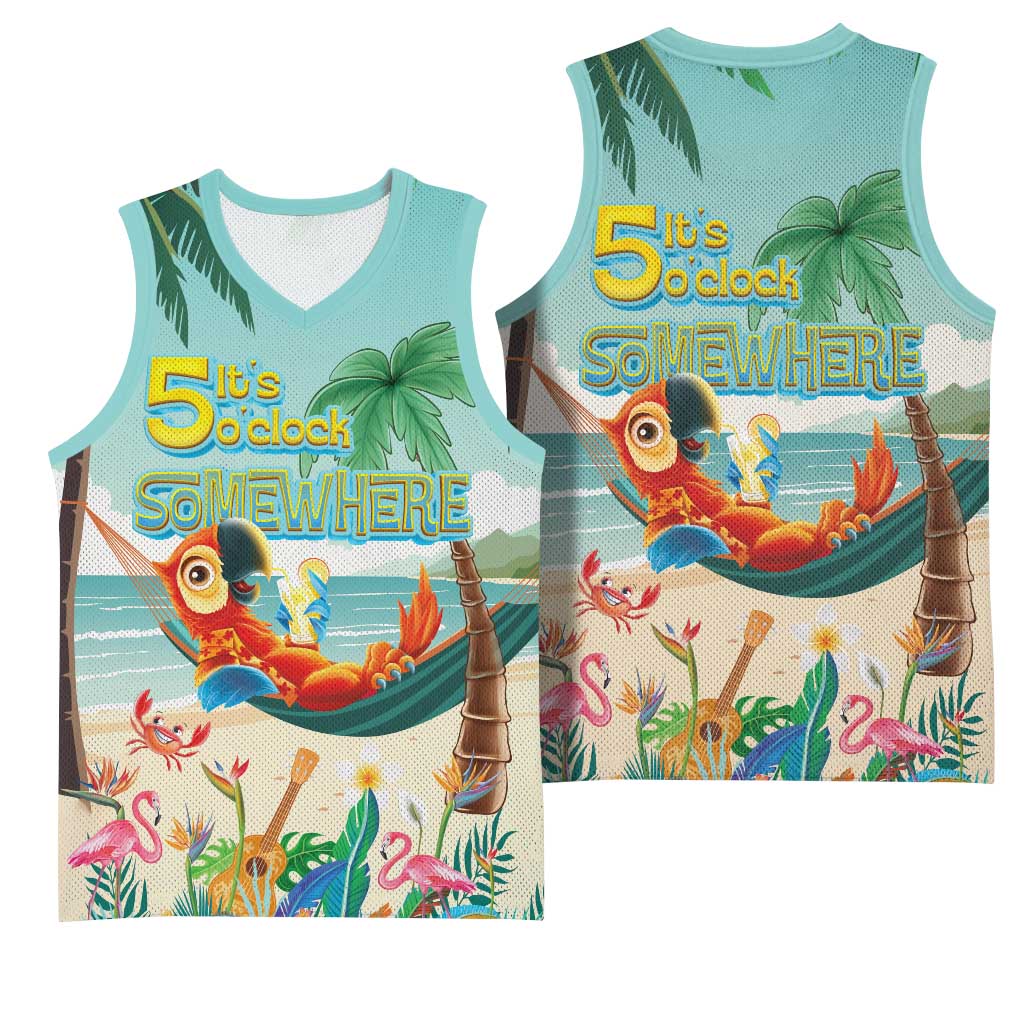 Aloha Hawaii It's 5 o'clock Somewhere Basketball Jersey Chill Parrot on Beach with Tropical Plants - Polynesian Pride