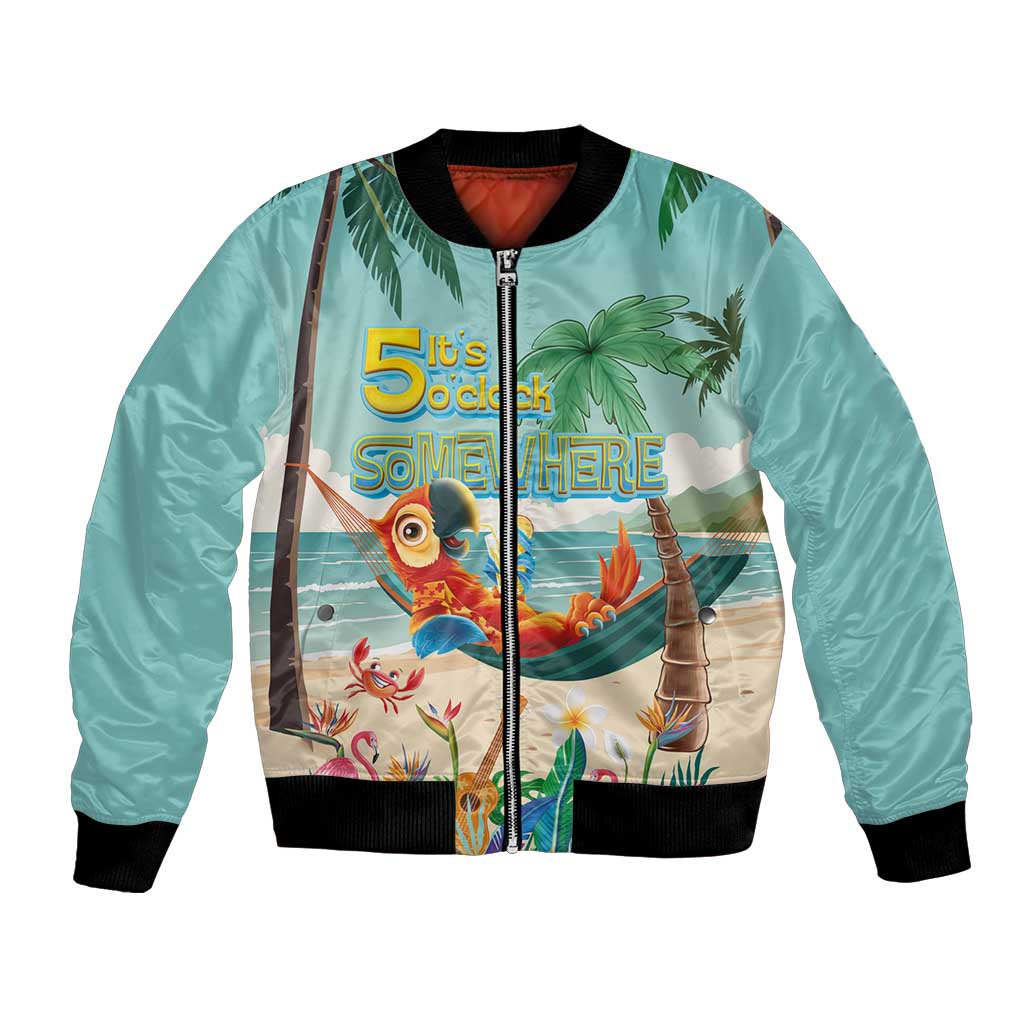 Aloha Hawaii It's 5 o'clock Somewhere Bomber Jacket Chill Parrot on Beach with Tropical Plants - Polynesian Pride