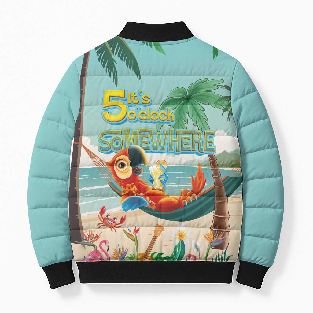 Aloha Hawaii It's 5 o'clock Somewhere Bomber Puffer Jacket Chill Parrot on Beach with Tropical Plants - Polynesian Pride