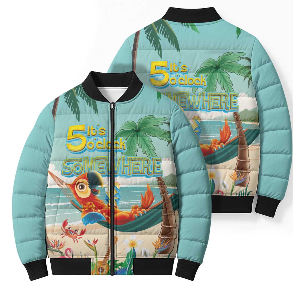 Aloha Hawaii It's 5 o'clock Somewhere Bomber Puffer Jacket Chill Parrot on Beach with Tropical Plants - Polynesian Pride