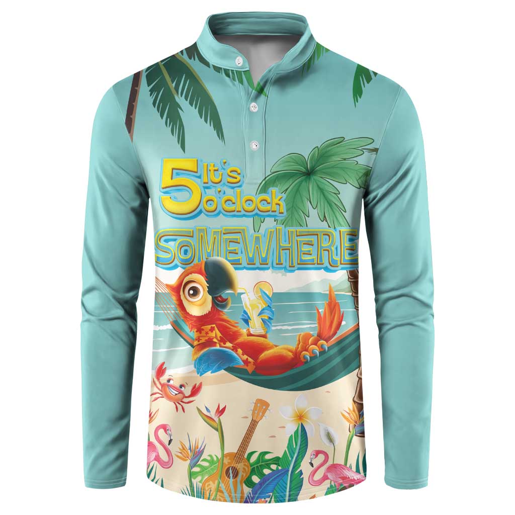 Aloha Hawaii It's 5 o'clock Somewhere Button Sweatshirt Chill Parrot on Beach with Tropical Plants - Polynesian Pride