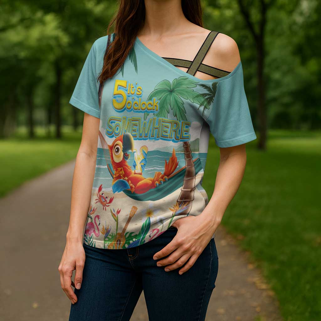 Aloha Hawaii It's 5 o'clock Somewhere Cross Shoulder Shirt Chill Parrot on Beach with Tropical Plants - Polynesian Pride