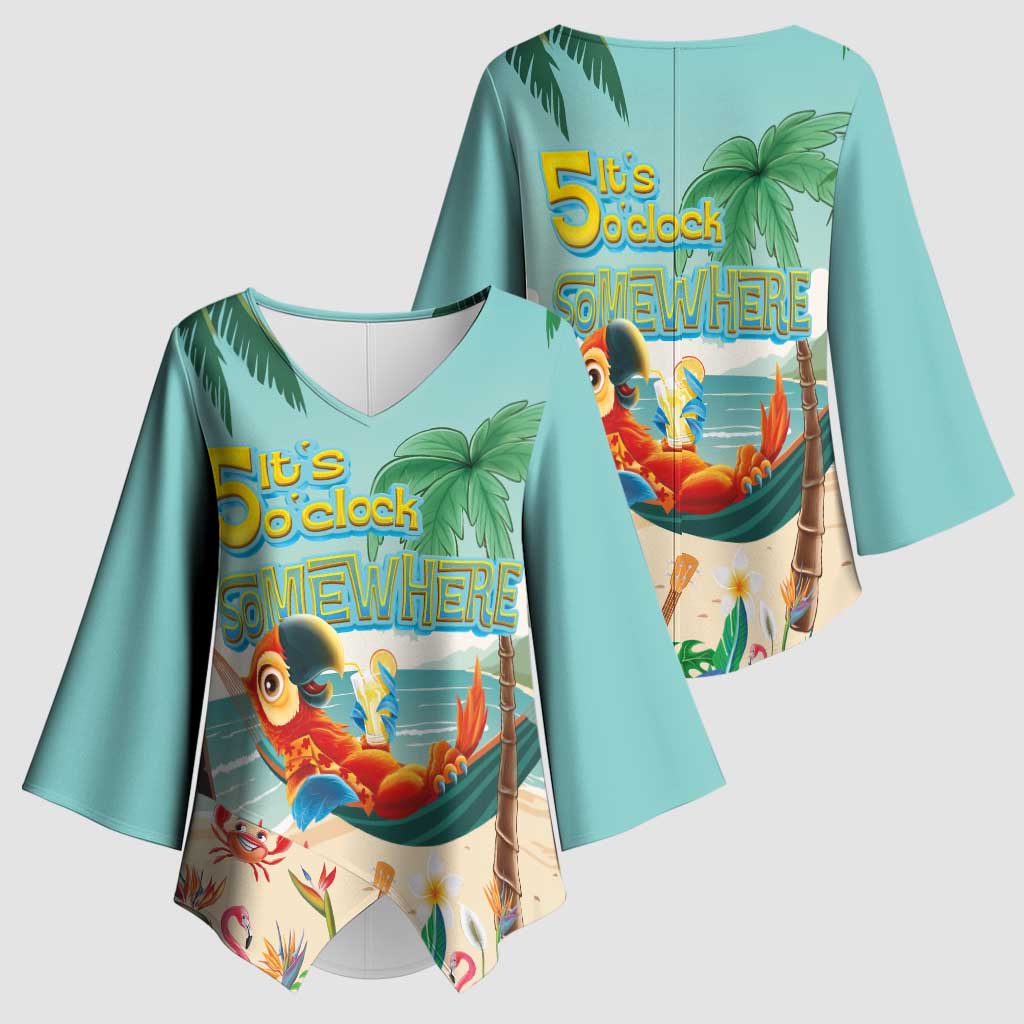 Aloha Hawaii It's 5 o'clock Somewhere Kimono Sleeve Blouse Chill Parrot on Beach with Tropical Plants - Polynesian Pride