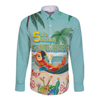 Aloha Hawaii It's 5 o'clock Somewhere Long Sleeve Button Shirt Chill Parrot on Beach with Tropical Plants - Polynesian Pride