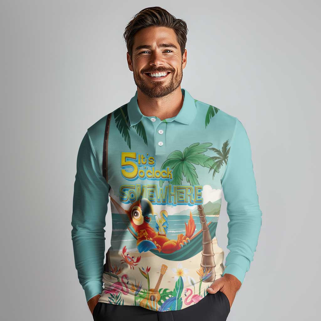 Aloha Hawaii It's 5 o'clock Somewhere Long Sleeve Polo Shirt Chill Parrot on Beach with Tropical Plants - Polynesian Pride