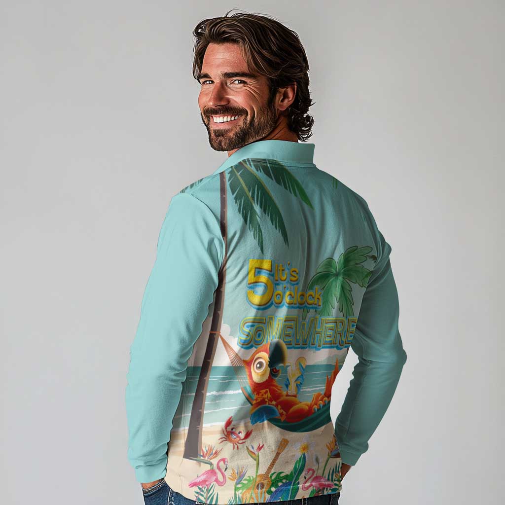 Aloha Hawaii It's 5 o'clock Somewhere Long Sleeve Polo Shirt Chill Parrot on Beach with Tropical Plants - Polynesian Pride