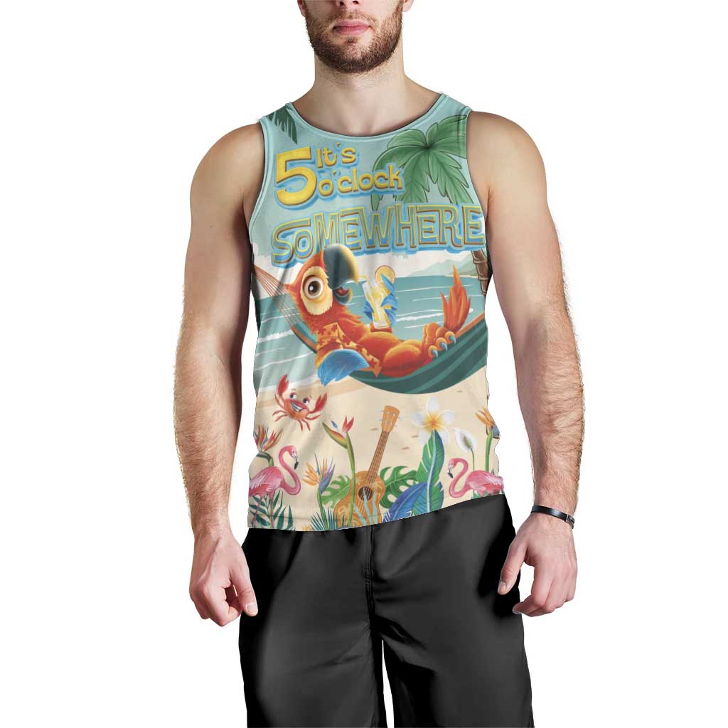 Aloha Hawaii It's 5 o'clock Somewhere Men Tank Top Chill Parrot on Beach with Tropical Plants - Polynesian Pride