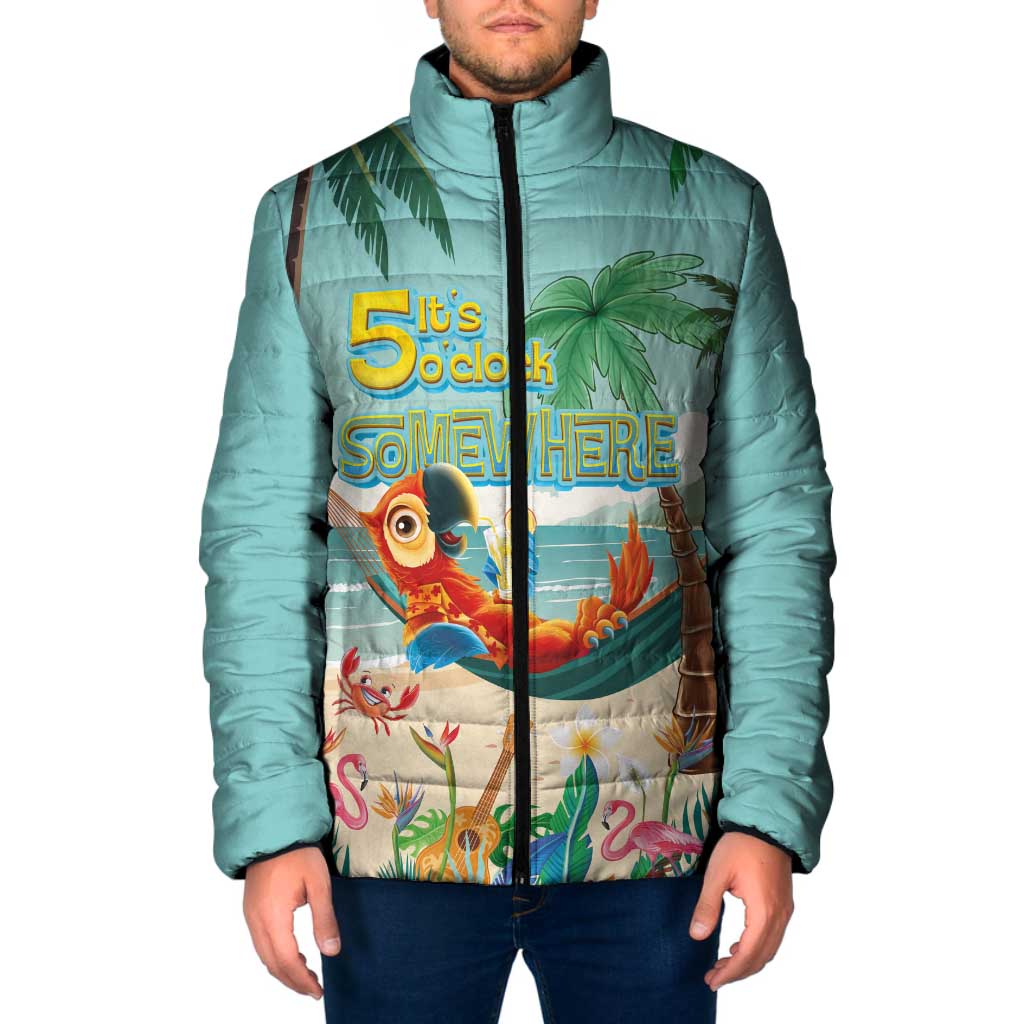 Aloha Hawaii It's 5 o'clock Somewhere Padded Jacket Chill Parrot on Beach with Tropical Plants - Polynesian Pride