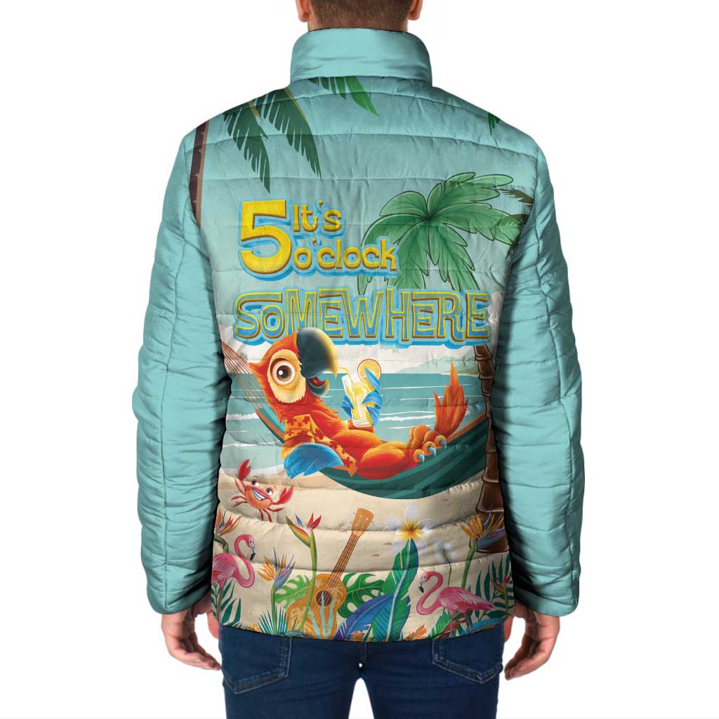 Aloha Hawaii It's 5 o'clock Somewhere Padded Jacket Chill Parrot on Beach with Tropical Plants - Polynesian Pride