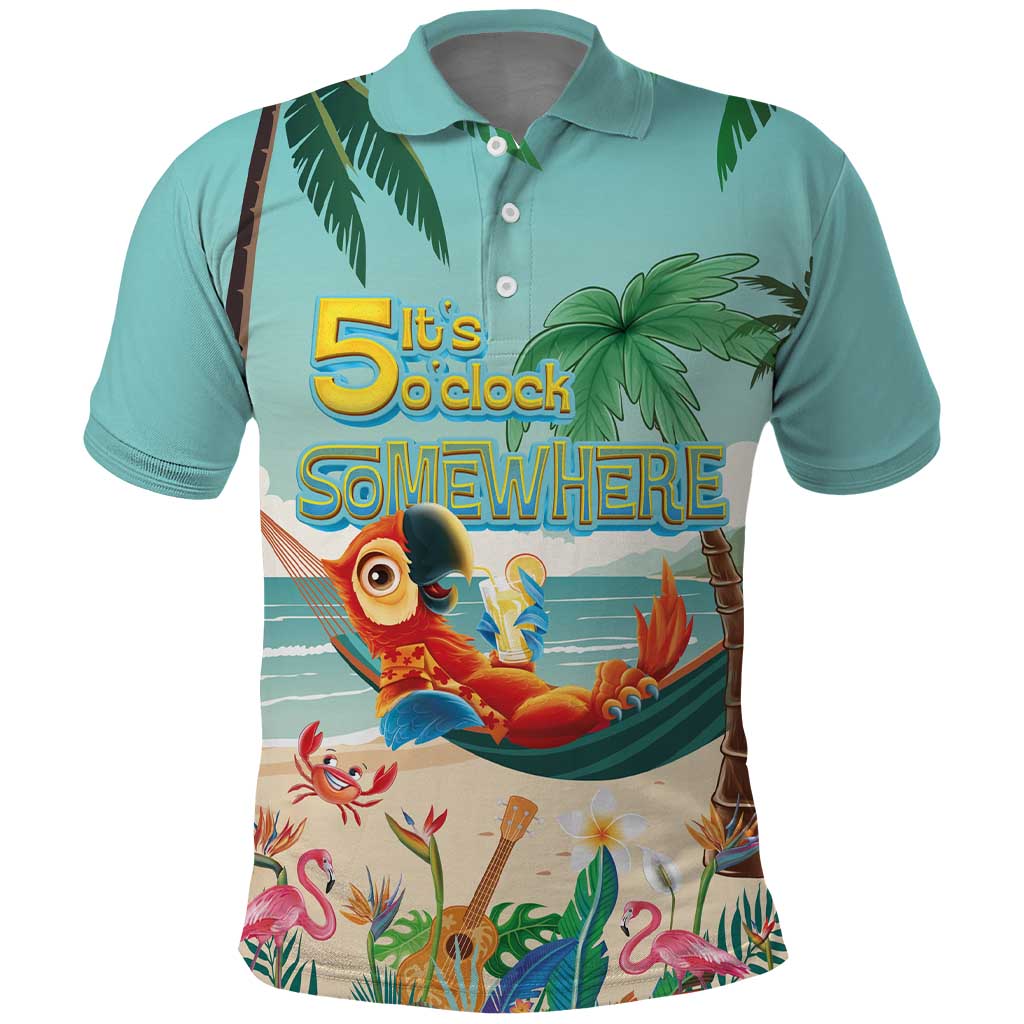Aloha Hawaii It's 5 o'clock Somewhere Polo Shirt Chill Parrot on Beach with Tropical Plants - Polynesian Pride