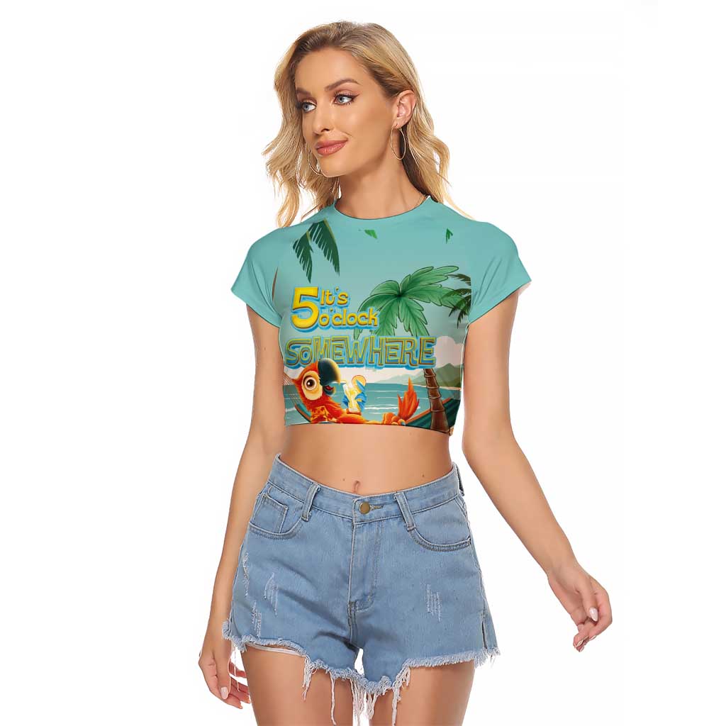 Aloha Hawaii It's 5 o'clock Somewhere Raglan Cropped T Shirt Chill Parrot on Beach with Tropical Plants - Polynesian Pride