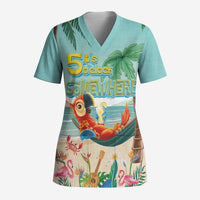 Aloha Hawaii It's 5 o'clock Somewhere Scrub Top Chill Parrot on Beach with Tropical Plants - Polynesian Pride