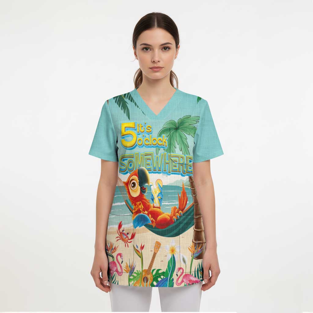 Aloha Hawaii It's 5 o'clock Somewhere Scrub Top Chill Parrot on Beach with Tropical Plants - Polynesian Pride