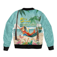 Aloha Hawaii It's 5 o'clock Somewhere Sleeve Zip Bomber Jacket Chill Parrot on Beach with Tropical Plants - Polynesian Pride