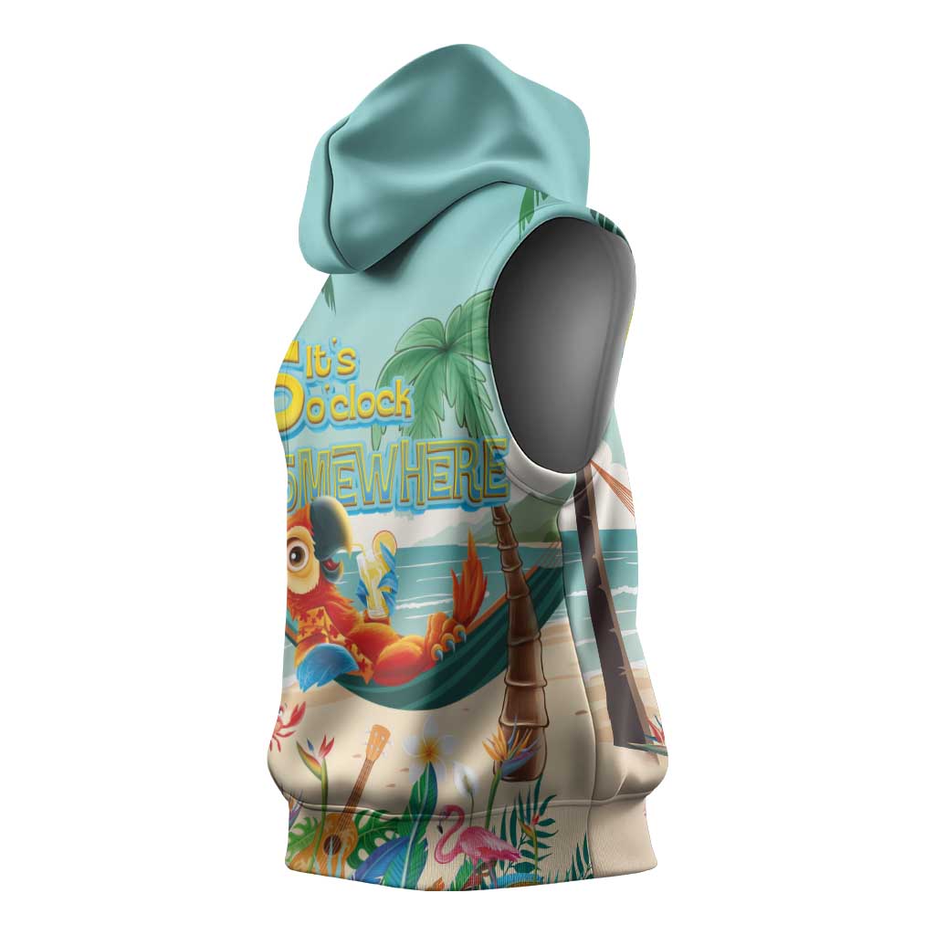 Aloha Hawaii It's 5 o'clock Somewhere Sleeveless Hoodie Chill Parrot on Beach with Tropical Plants - Polynesian Pride