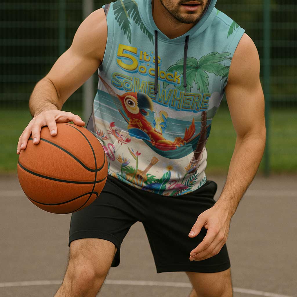 Aloha Hawaii It's 5 o'clock Somewhere Sleeveless Hoodie Chill Parrot on Beach with Tropical Plants - Polynesian Pride