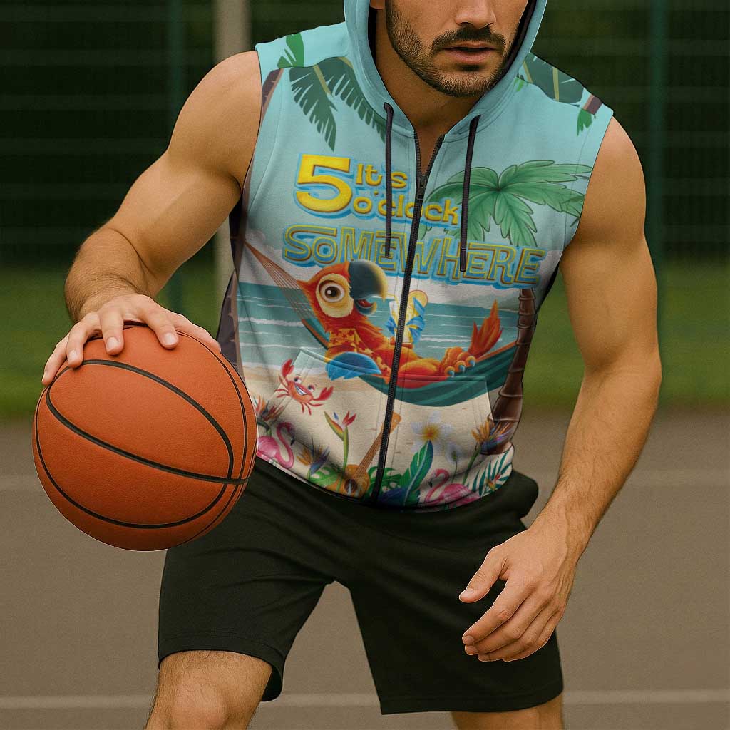 Aloha Hawaii It's 5 o'clock Somewhere Sleeveless Zip Hoodie Chill Parrot on Beach with Tropical Plants - Polynesian Pride