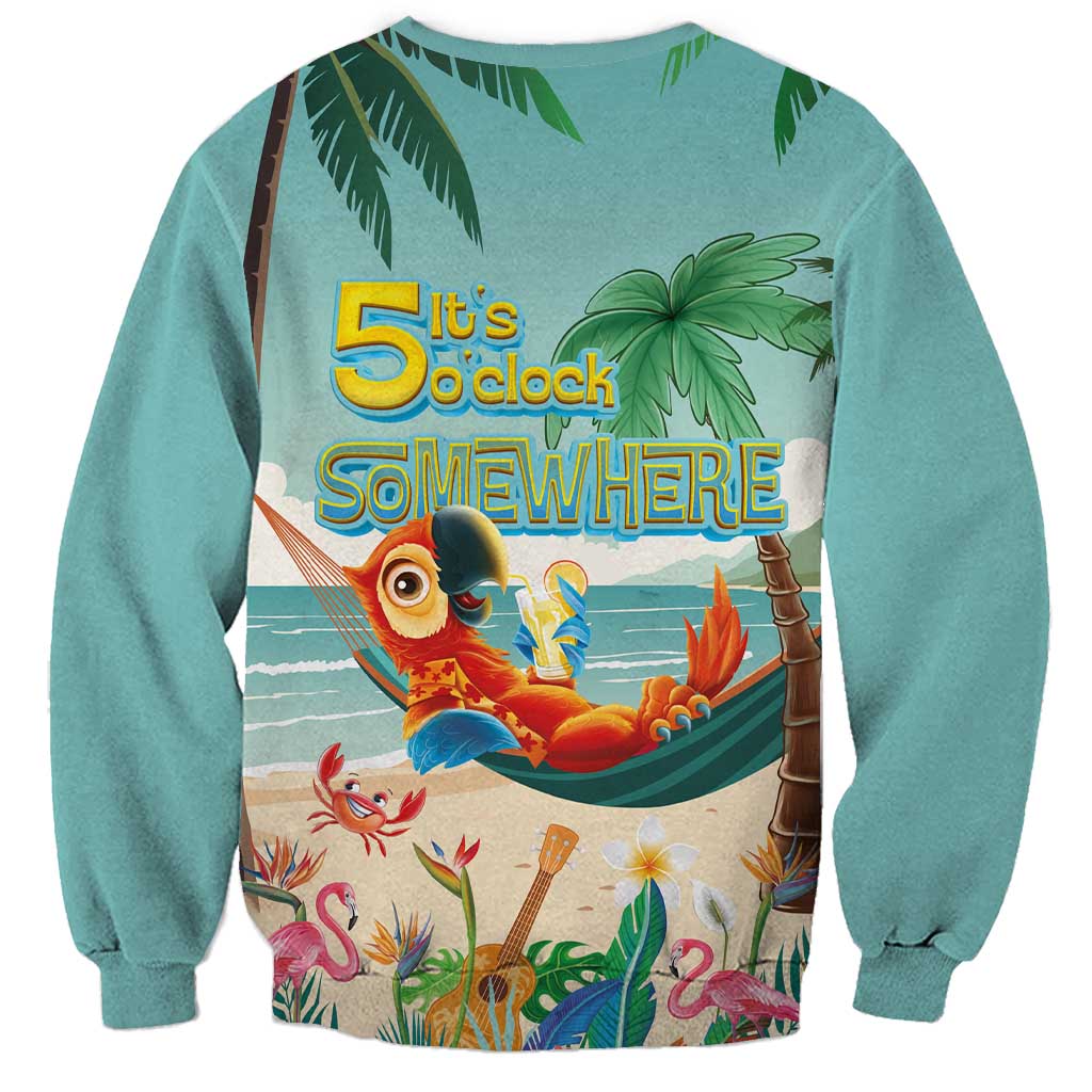 Aloha Hawaii It's 5 o'clock Somewhere Sweatshirt Chill Parrot on Beach with Tropical Plants - Polynesian Pride
