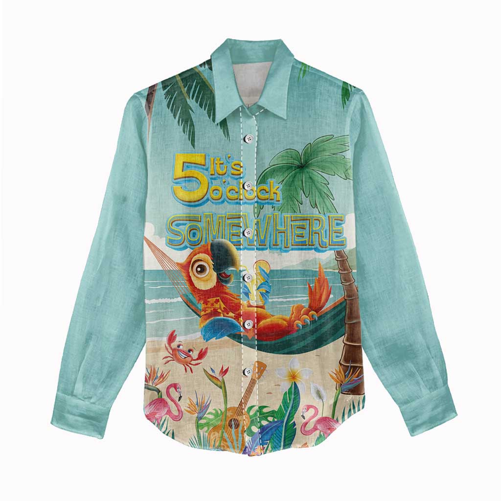 Aloha Hawaii It's 5 o'clock Somewhere Women Casual Shirt Chill Parrot on Beach with Tropical Plants LT03 - Polynesian Pride