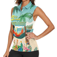 Aloha Hawaii It's 5 o'clock Somewhere Women Sleeveless Polo Shirt Chill Parrot on Beach with Tropical Plants - Polynesian Pride
