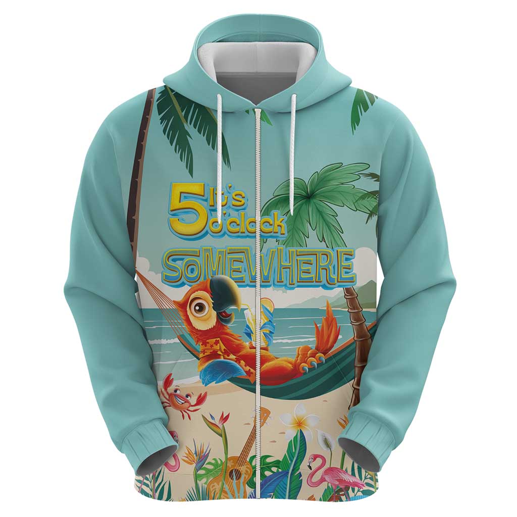 Aloha Hawaii It's 5 o'clock Somewhere Zip Hoodie Chill Parrot on Beach with Tropical Plants - Polynesian Pride