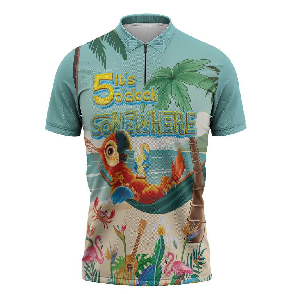 Aloha Hawaii It's 5 o'clock Somewhere Zipper Polo Shirt Chill Parrot on Beach with Tropical Plants - Polynesian Pride
