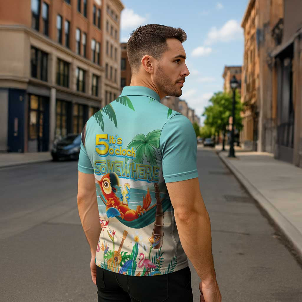 Aloha Hawaii It's 5 o'clock Somewhere Zipper Polo Shirt Chill Parrot on Beach with Tropical Plants - Polynesian Pride