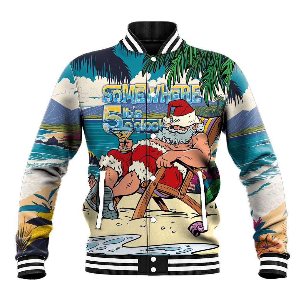 Mele Kalikimaka Hawaii It's 5 o'clock Somewhere Baseball Jacket Funny Lazy Santa Claus Chilling with Cocktail - Polynesian Pride