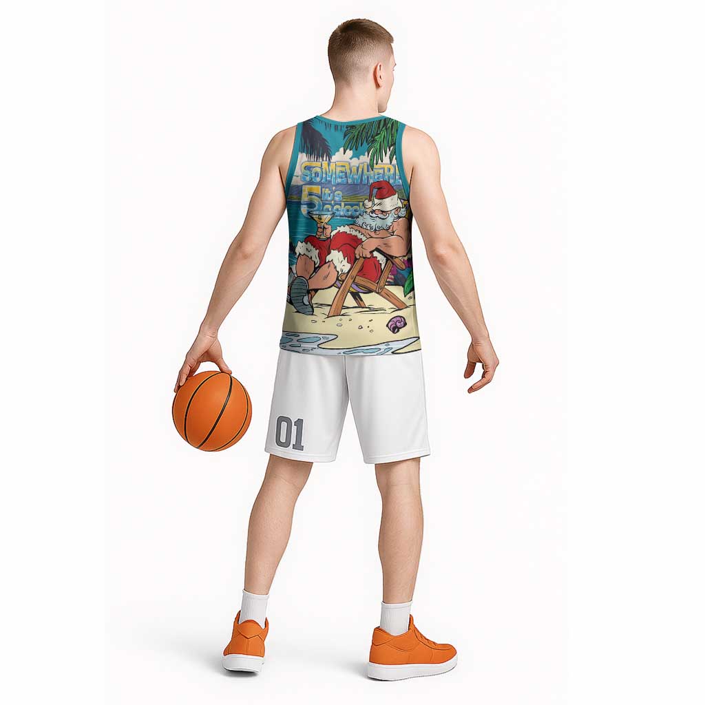 Mele Kalikimaka Hawaii It's 5 o'clock Somewhere Basketball Jersey Funny Lazy Santa Claus Chilling with Cocktail - Polynesian Pride