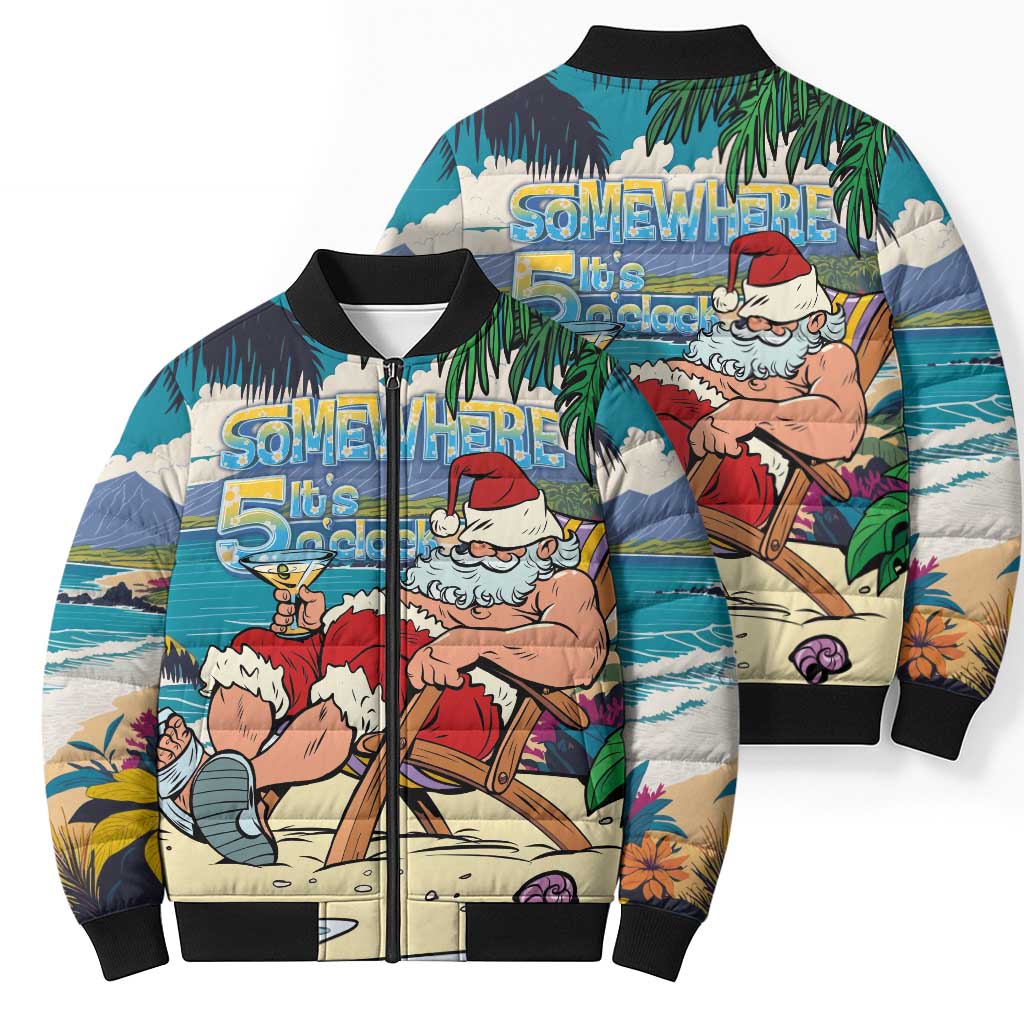 Mele Kalikimaka Hawaii It's 5 o'clock Somewhere Bomber Puffer Jacket Funny Lazy Santa Claus Chilling with Cocktail - Polynesian Pride