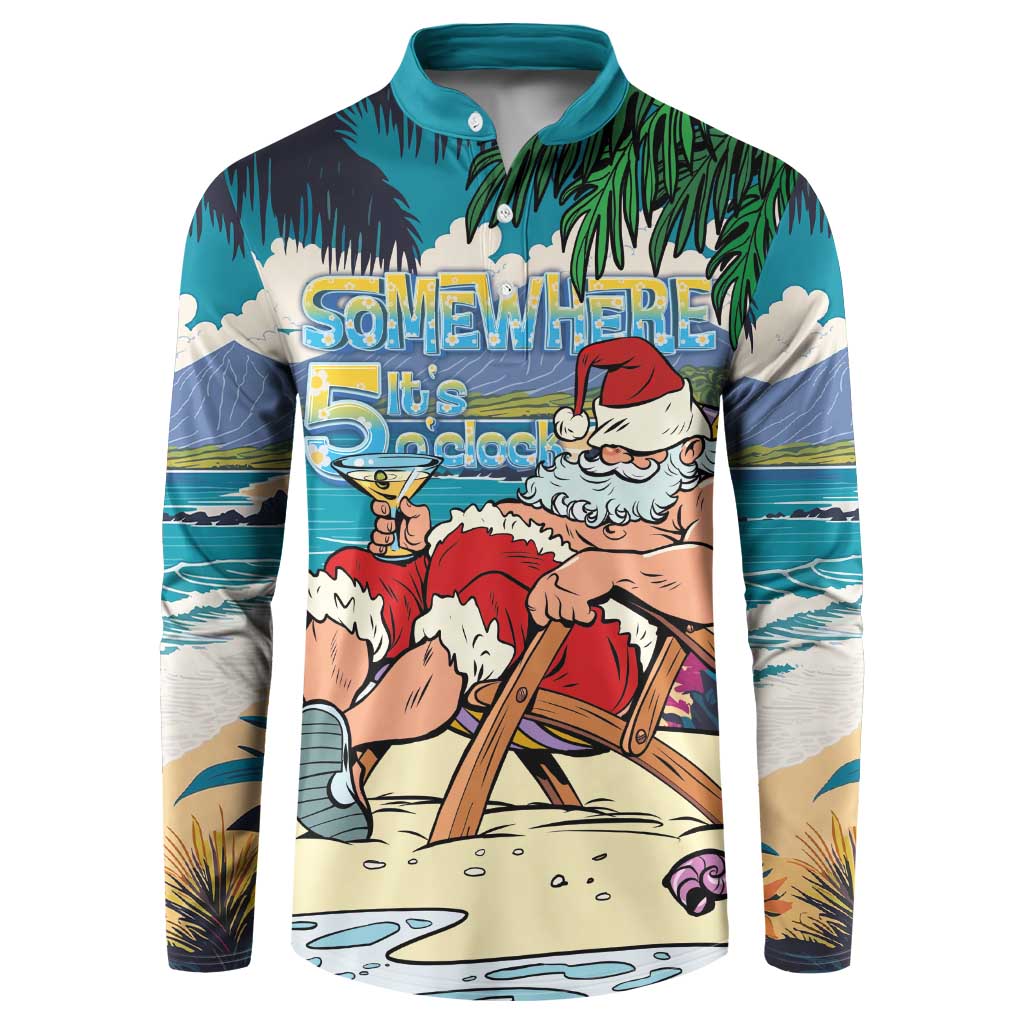 Mele Kalikimaka Hawaii It's 5 o'clock Somewhere Button Sweatshirt Funny Lazy Santa Claus Chilling with Cocktail - Polynesian Pride