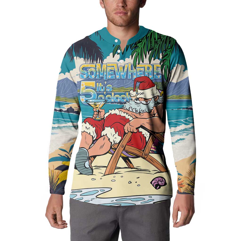 Mele Kalikimaka Hawaii It's 5 o'clock Somewhere Button Sweatshirt Funny Lazy Santa Claus Chilling with Cocktail - Polynesian Pride