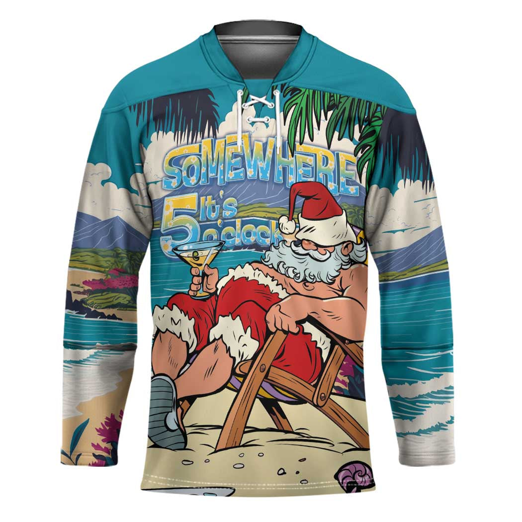 Mele Kalikimaka Hawaii It's 5 o'clock Somewhere Hockey Jersey Funny Lazy Santa Claus Chilling with Cocktail - Polynesian Pride
