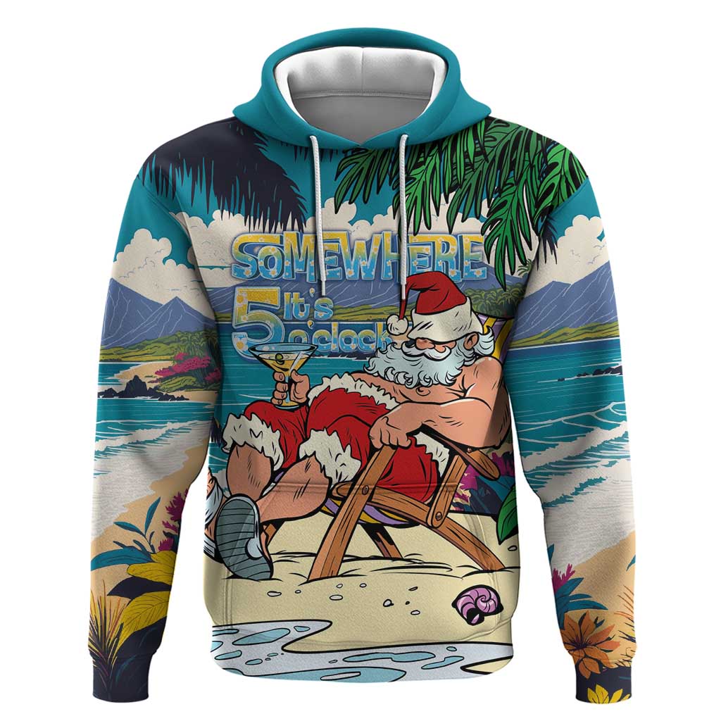 Mele Kalikimaka Hawaii It's 5 o'clock Somewhere Hoodie Funny Lazy Santa Claus Chilling with Cocktail LT03 Pullover Hoodie Multicolor - Polynesian Pride