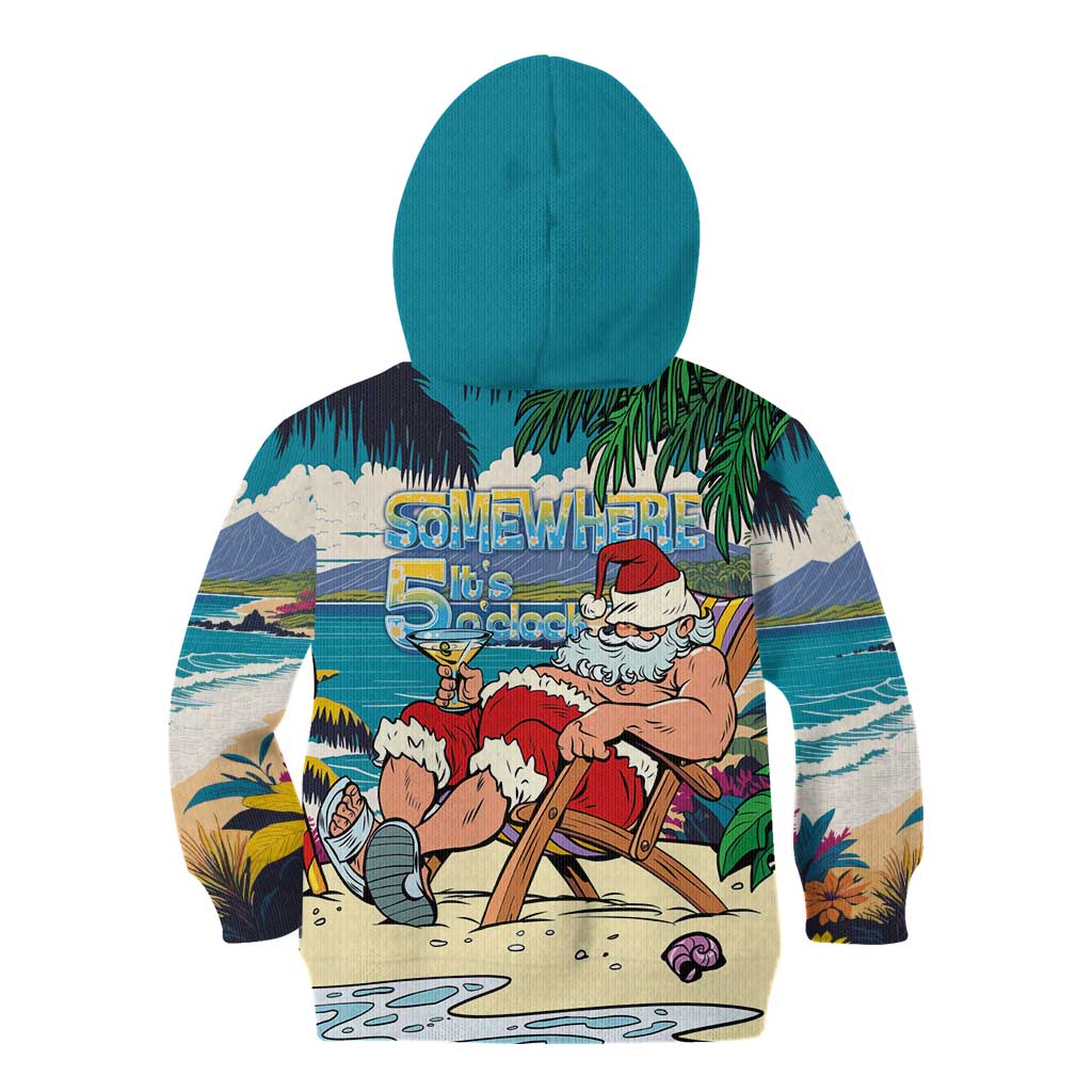 Mele Kalikimaka Hawaii It's 5 o'clock Somewhere Kid Hoodie Funny Lazy Santa Claus Chilling with Cocktail - Polynesian Pride