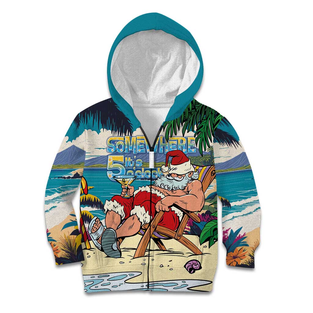 Mele Kalikimaka Hawaii It's 5 o'clock Somewhere Kid Hoodie Funny Lazy Santa Claus Chilling with Cocktail - Polynesian Pride