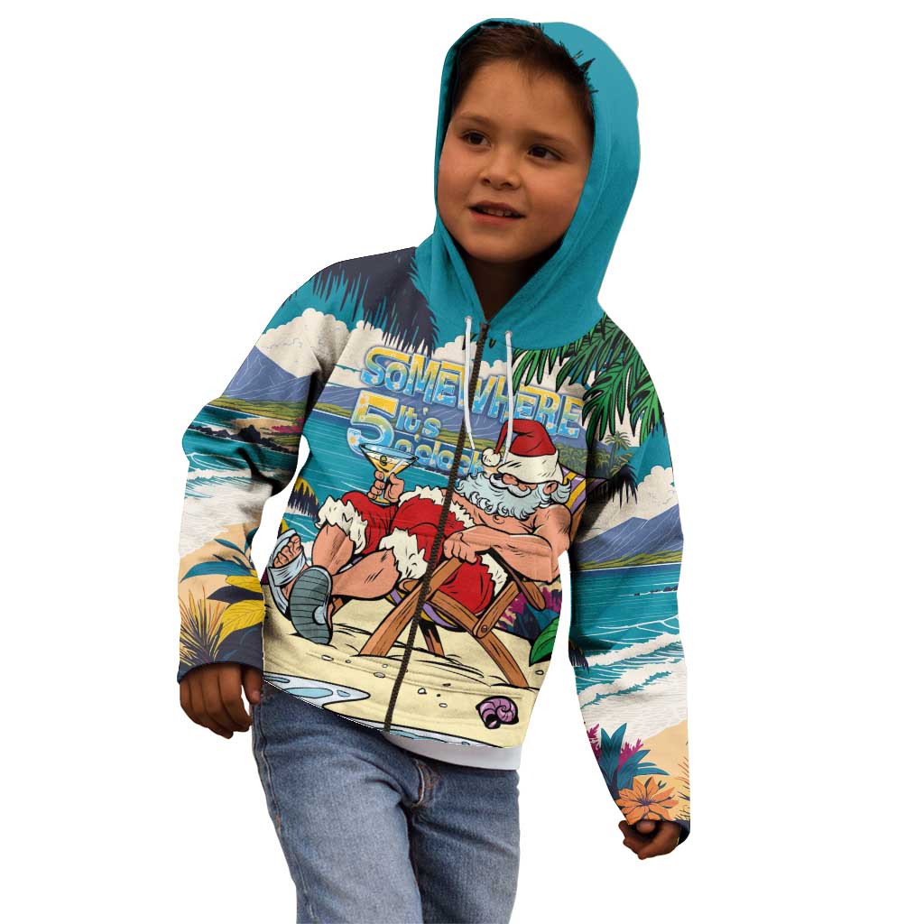 Mele Kalikimaka Hawaii It's 5 o'clock Somewhere Kid Hoodie Funny Lazy Santa Claus Chilling with Cocktail - Polynesian Pride