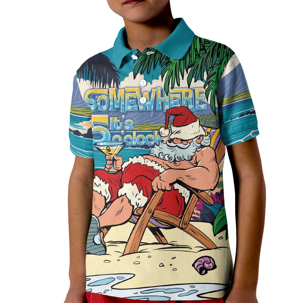 Mele Kalikimaka Hawaii It's 5 o'clock Somewhere Kid Polo Shirt Funny Lazy Santa Claus Chilling with Cocktail LT03 Kid Multicolor - Polynesian Pride