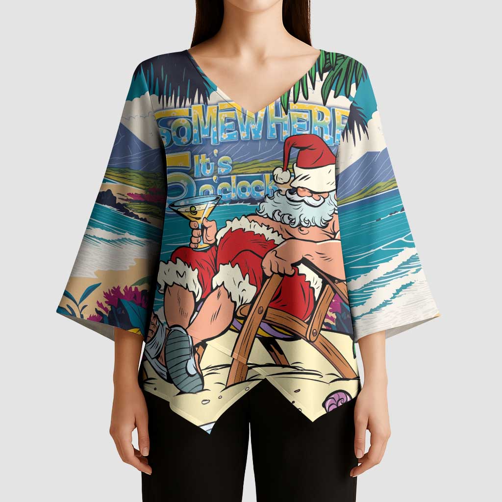Mele Kalikimaka Hawaii It's 5 o'clock Somewhere Kimono Sleeve Blouse Funny Lazy Santa Claus Chilling with Cocktail - Polynesian Pride