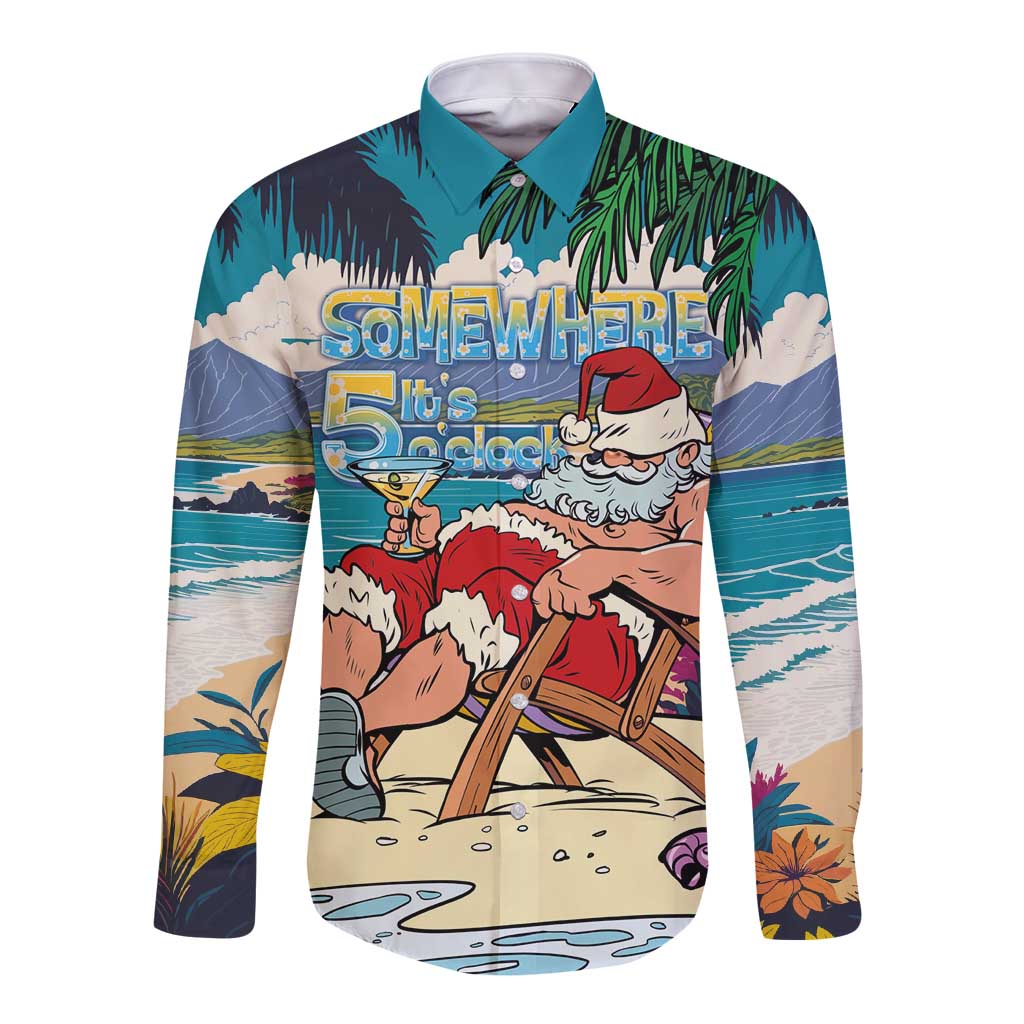 Mele Kalikimaka Hawaii It's 5 o'clock Somewhere Long Sleeve Button Shirt Funny Lazy Santa Claus Chilling with Cocktail - Polynesian Pride