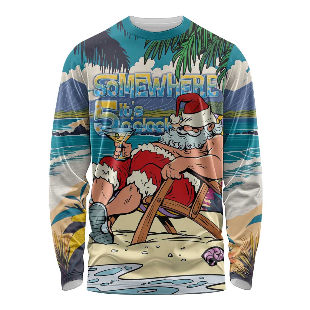 Mele Kalikimaka Hawaii It's 5 o'clock Somewhere Long Sleeve Shirt Funny Lazy Santa Claus Chilling with Cocktail - Polynesian Pride