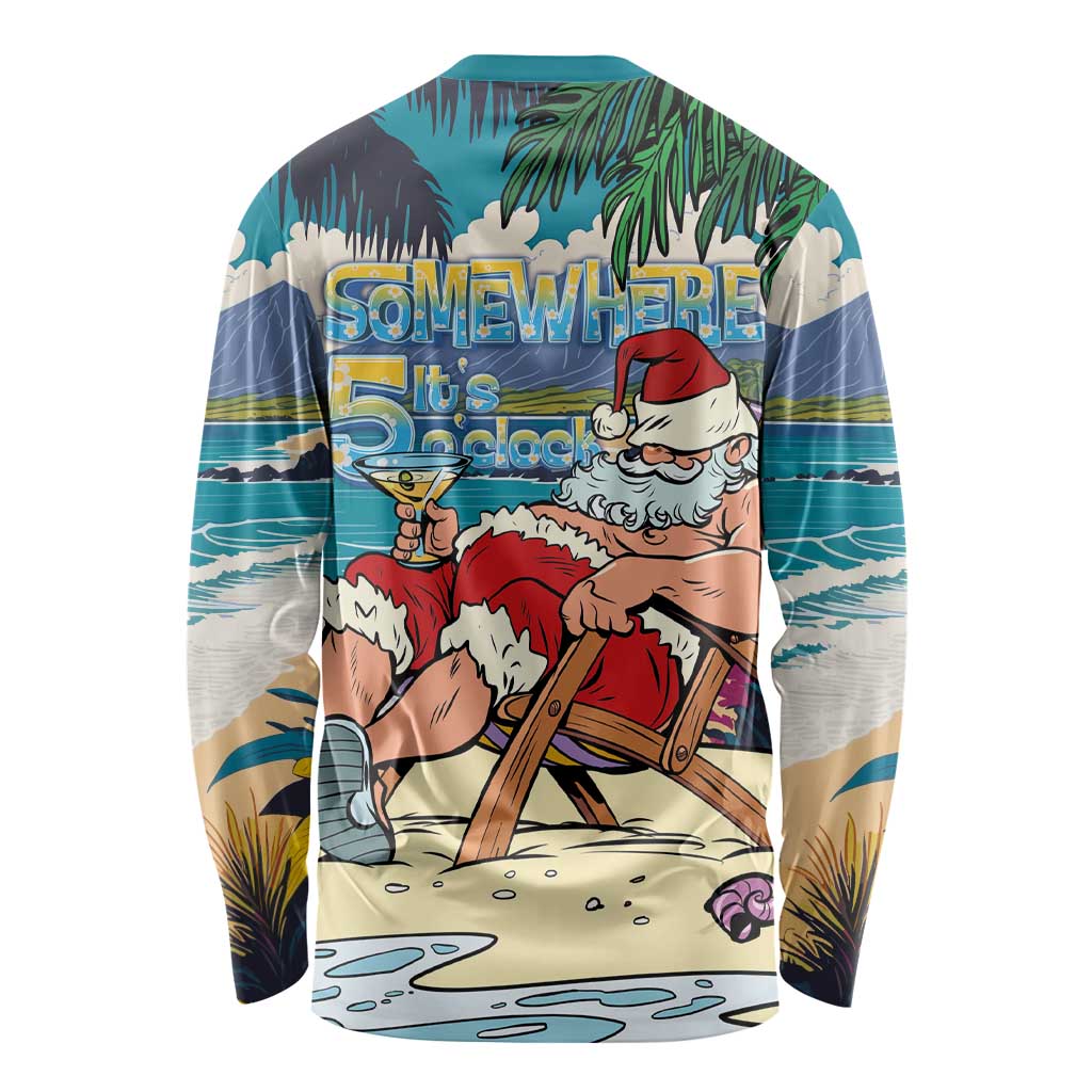 Mele Kalikimaka Hawaii It's 5 o'clock Somewhere Long Sleeve Shirt Funny Lazy Santa Claus Chilling with Cocktail - Polynesian Pride