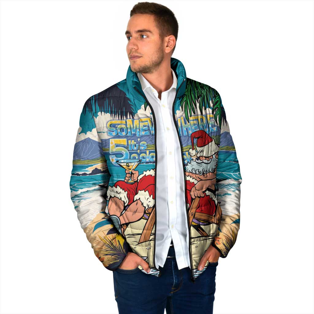 Mele Kalikimaka Hawaii It's 5 o'clock Somewhere Padded Jacket Funny Lazy Santa Claus Chilling with Cocktail - Polynesian Pride