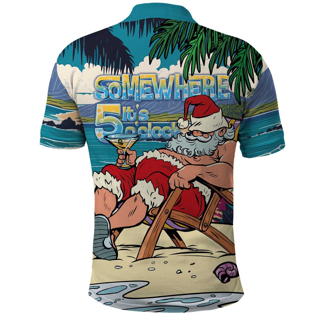 Mele Kalikimaka Hawaii It's 5 o'clock Somewhere Polo Shirt Funny Lazy Santa Claus Chilling with Cocktail - Polynesian Pride